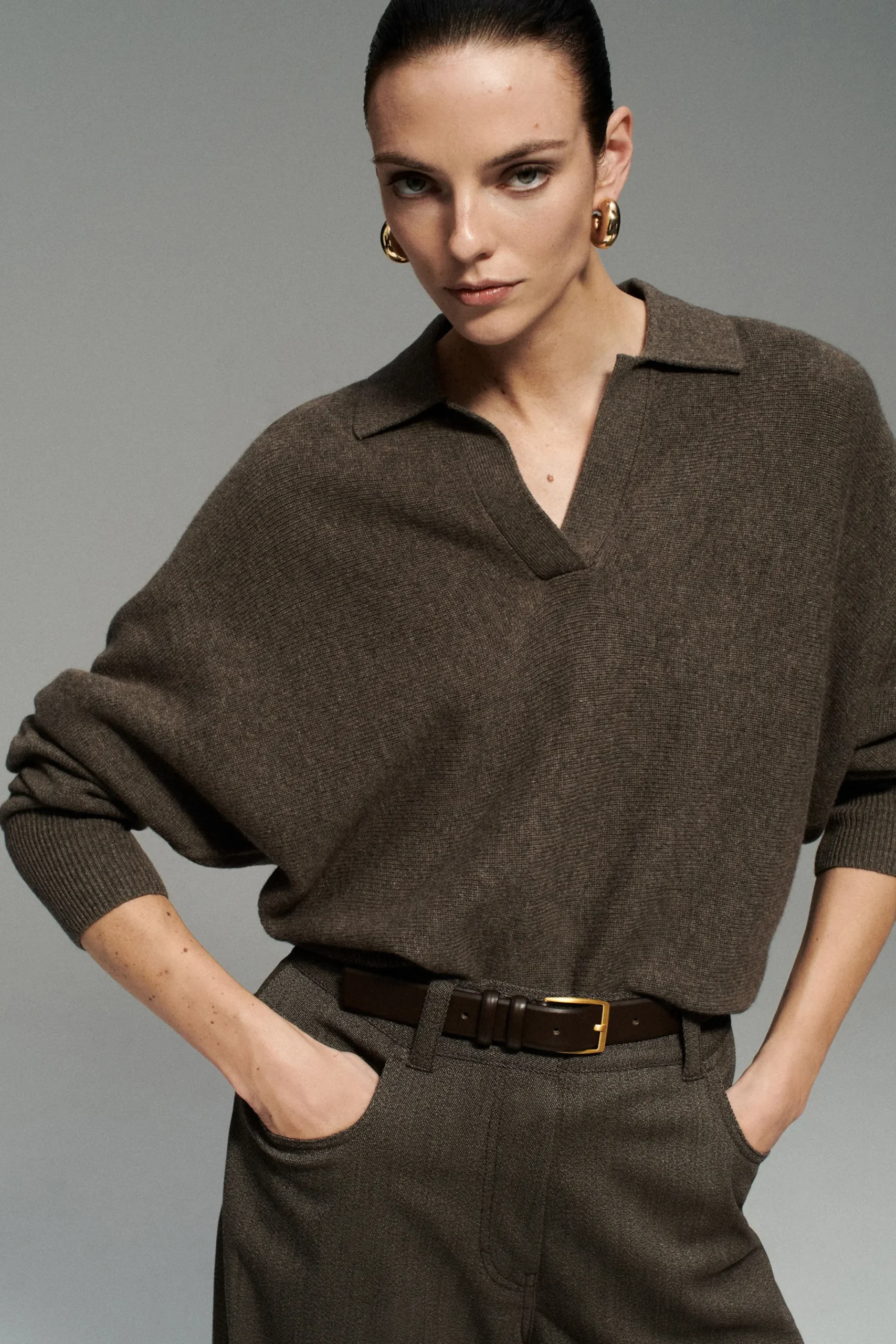 Damen COS Strickmode*POLOPULLOVER AUS WOLLE MIT FLEDERMAUSÄRMELN